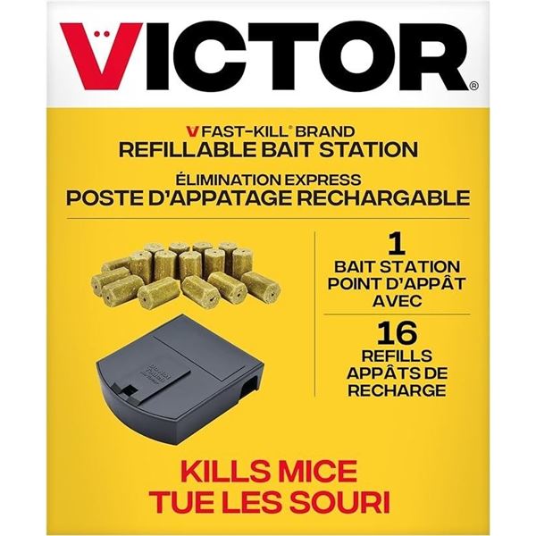 Victor Fast-Kill Refillable Mouse Poison Bait Station - Includes 1 Bait Station + 16 Refills - New
