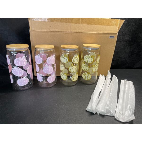 4PC Set of Pumpkin Design Glass Drinking Mugs with Bamboo Lids & Reusable Straws - New