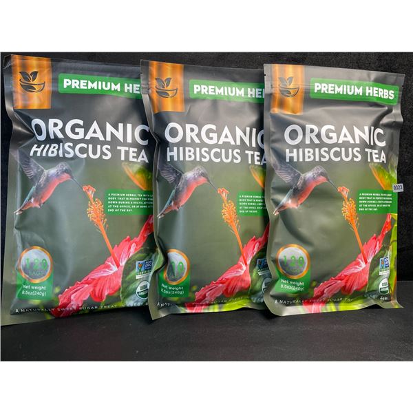 3 Bags of Premium Herbs Organic Hibiscus Herbal Tea - 120 Tea Bags Each - New (Exp: 02/2026)