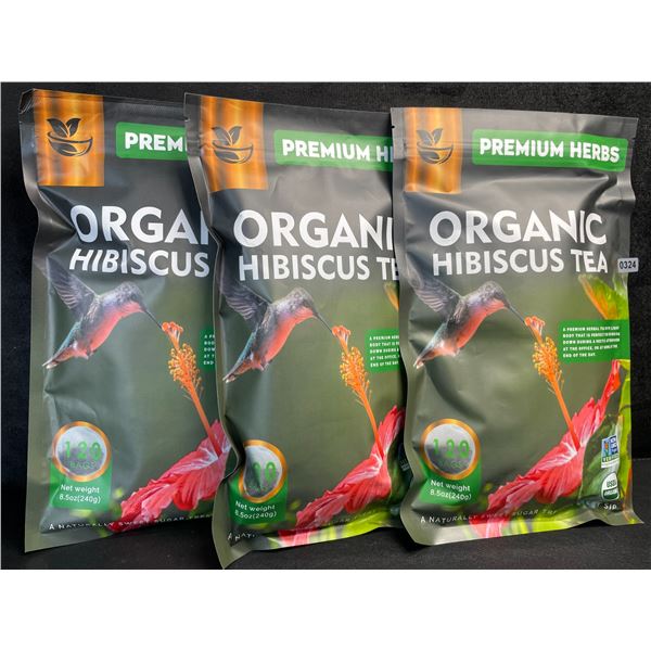 3 Bags of Premium Herbs Organic Hibiscus Herbal Tea - 120 Tea Bags Each - New (Exp: 02/2026)