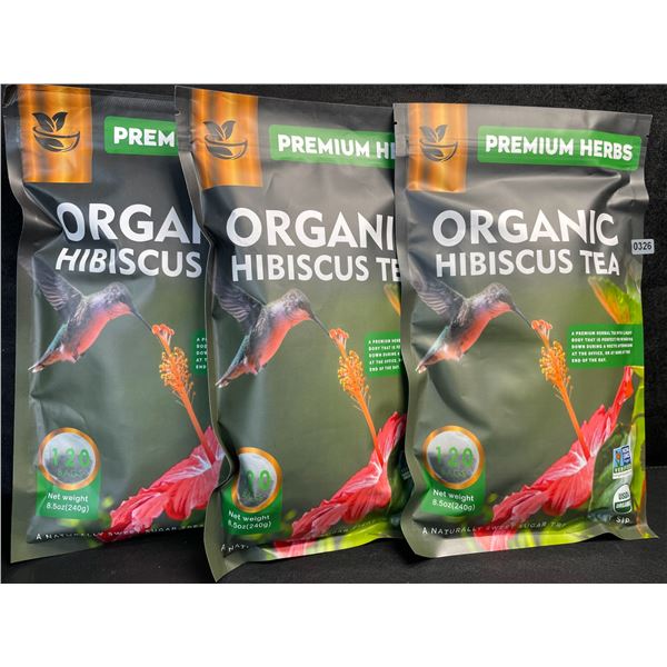 3 Bags of Premium Herbs Organic Hibiscus Herbal Tea - 120 Tea Bags Each - New (Exp: 02/2026)