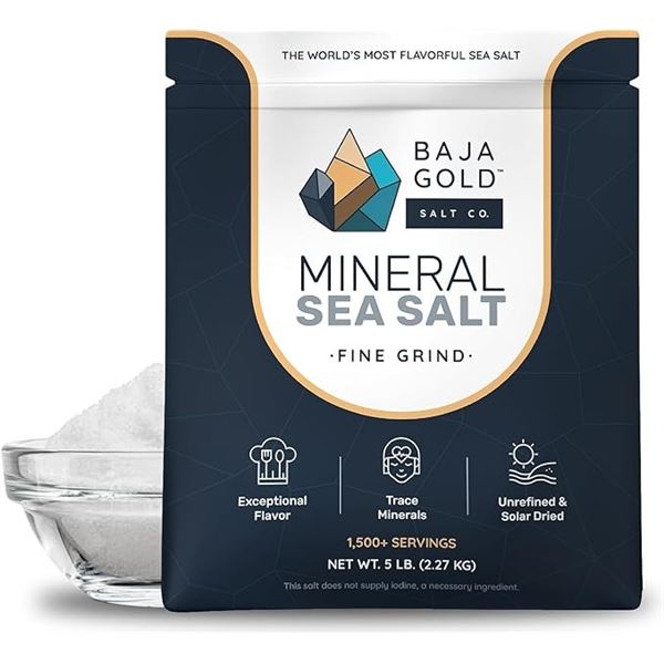 Baja Gold Mineral Sea Salt (5LB Bag) Fine Grind - for Cooking & Baking - New Sealed