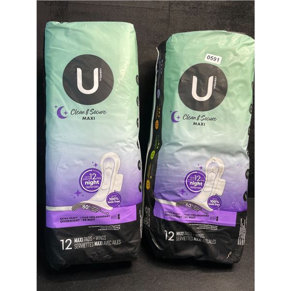 2 Packs of U by Kotex Clean & Secure Extra Heavy Overnight Maxi Pads with Wings (12 Per Pack) - New