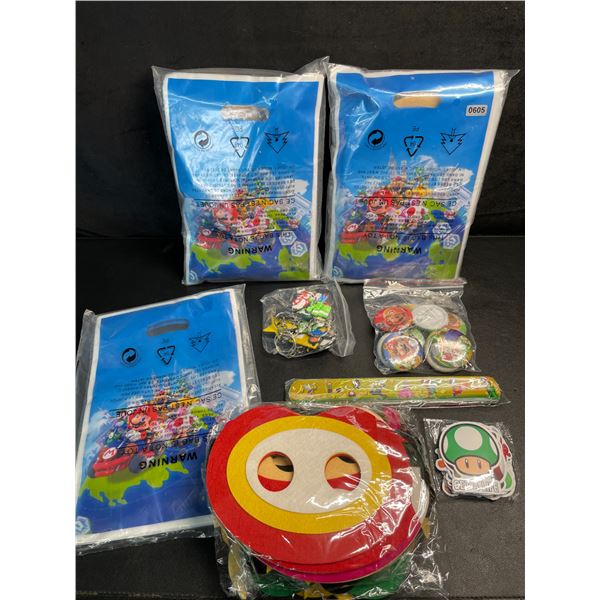 3 Super Mario Party Favor/Goodie Bag Sets - Includes Party Bags, Keychains, Stickers, Pins etc - New