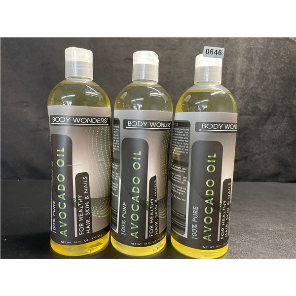 3 Bottles of Body Wonder 100% Pure Avocado Oil (473ml) For Healthy Hair, Skin, & Nails - New