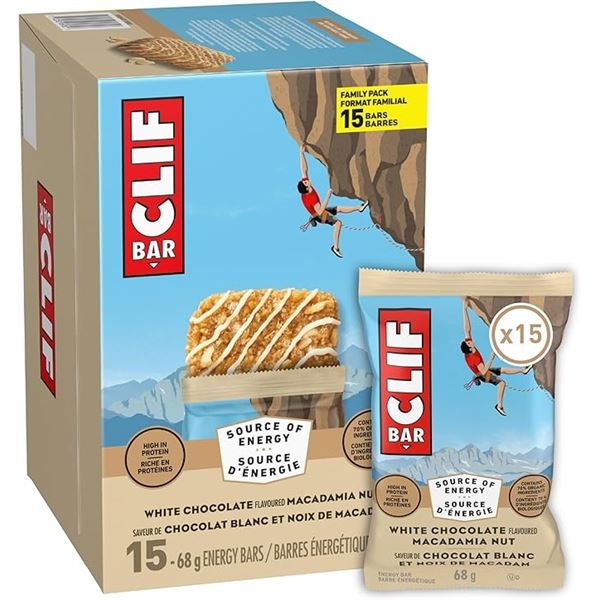 CLIF Energy Bars - 15 x 68g Granola Bars (White Chocolate Flavoured Macadamia Nut) - New