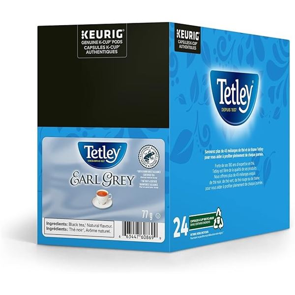 1 Box of Tetley Tea Keurig K-Cup Earl Grey Tea Pods - 24 Pods - New (Dmg Box)