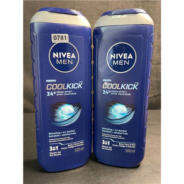 2 Nivea Men Coolkick 3-in-1 Body, Face & Hair Shower Gels (500ml) 24H Fresh Scent - New