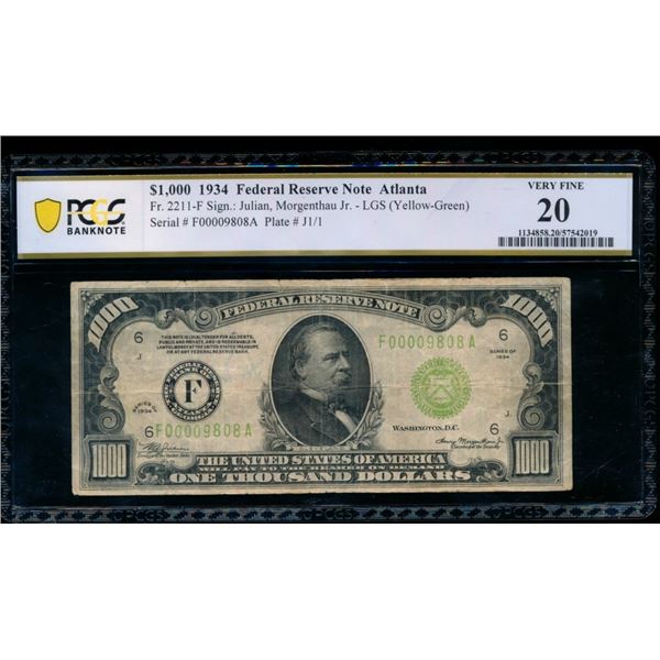 1934 $1000 Atlanta FRN PCGS 20