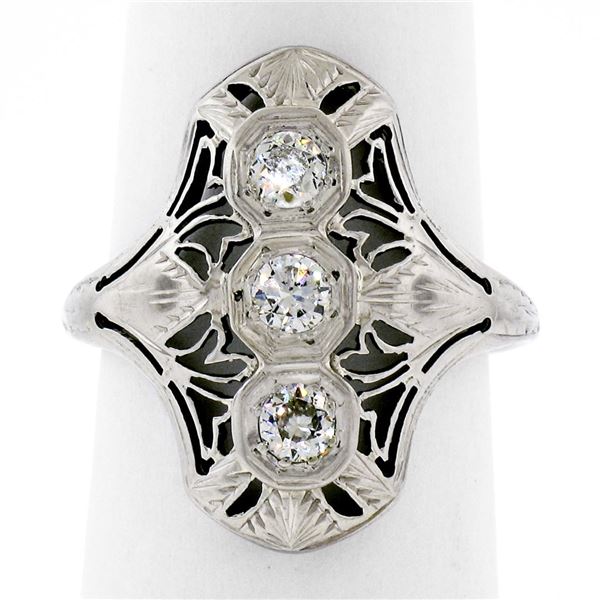 Antique Art Deco 18K White Gold.35 ctw Diamond Domed Etched Filigree Dinner Ring