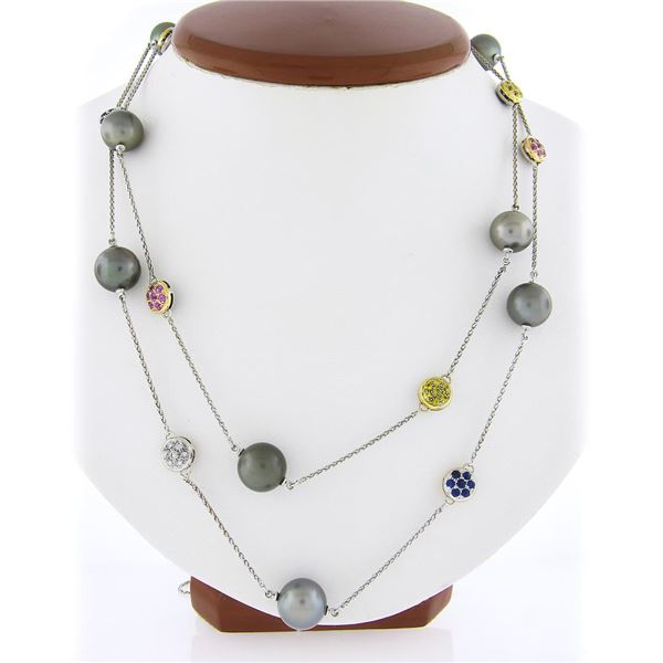 18k Gold 46" Long Chain Necklace w/ Tahitian Pearl Sapphires & Diamonds Station