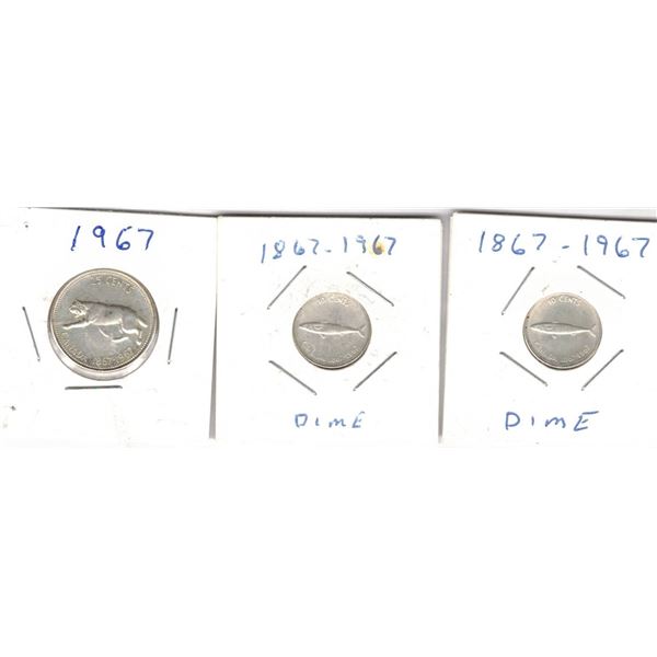 Canadian 1967 Centennial Quarter and TWO Dimes