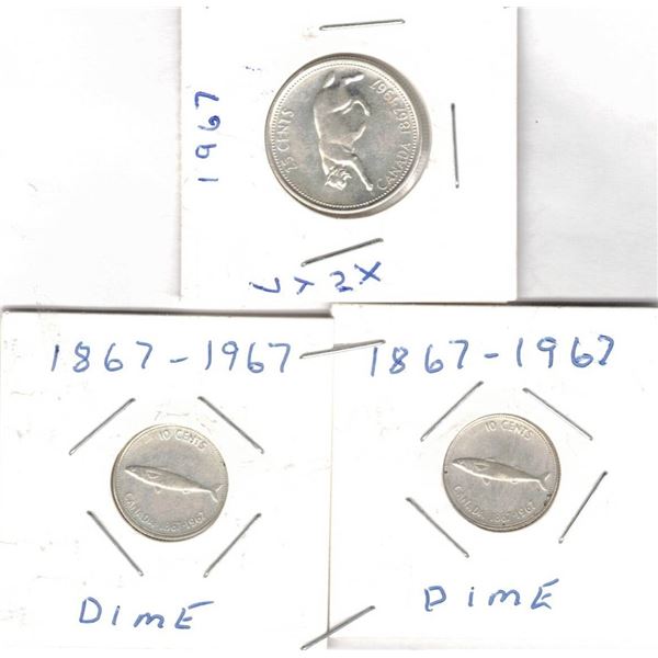 Canadian 1967 Centennial Quarter and TWO Dimes