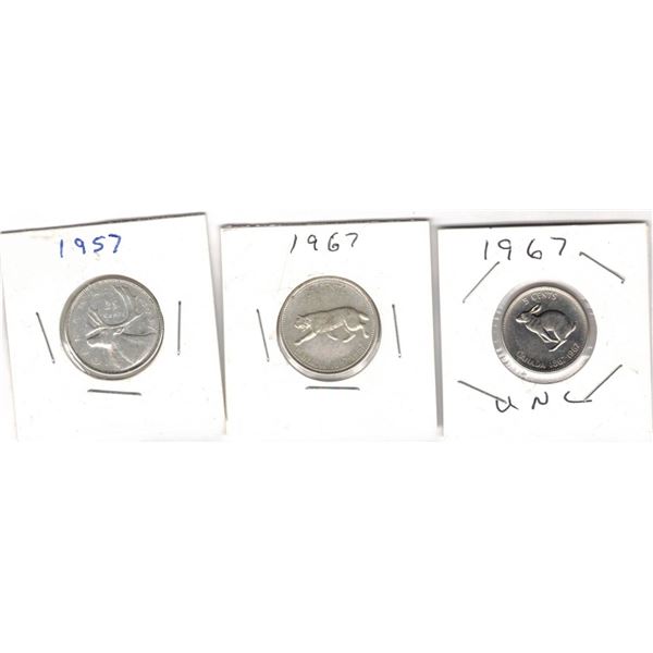 1957 Canadian Quarter, 1967 Canadian quarter and 1967 Canadian five cents