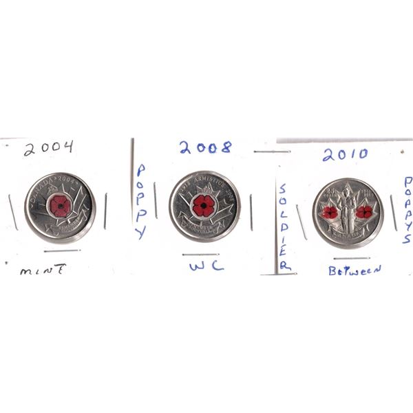 three Canadian 25-cent poppy circulation coins from 2004, 2008, and 2010