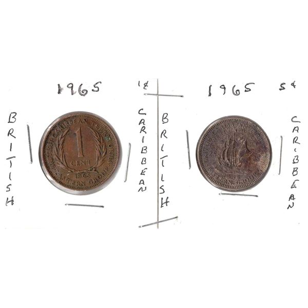 TWO 1965 British Caribbean Coins 1 Cent and 5 Cent