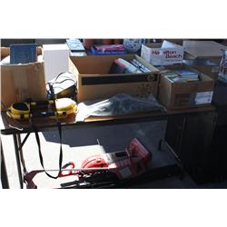 Table lot of miscellaneous items w/cabinet & speak