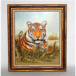 Framed Oil on Canvas of Tigers