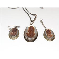 Gorgeous Antique Silver Cameo Earring &Pendant Set