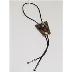 Navajo Sterling Bolo Tie  With Turquoise & Coral