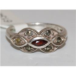 Sterling Silver Ring With Garnet & Marcasite