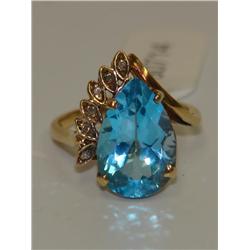 14K Gold Ring With Large Topaz & Diamonds