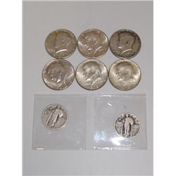 6 Silver Kennedy Half dollars & 2 Liberty Quarters