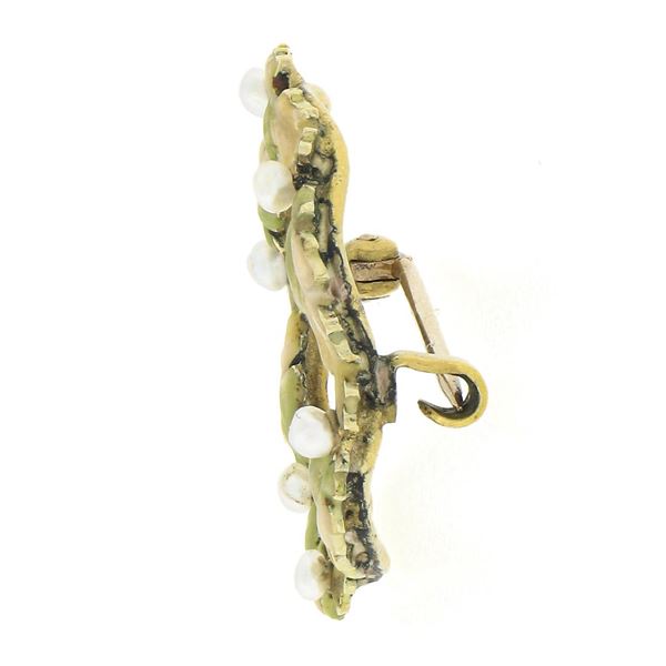 Antique Art Nouveau 14K Gold Matte Enamel Seed Pearl & Leaf Wreath Brooch Pin