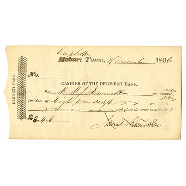 Australia (Van Diemen’s Land), Tasmania. Derwent Bank, 1836 Issued Cashier’s Draft