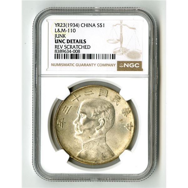 China. Republic Sun Yat-sen "Junk" Dollar Year 23 (1934) UNC Details (Reverse Scratched) NGC, KM-Y34