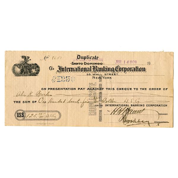 Dominican Republic. International Banking Corporation, Check, 1920 (Duplicate).
