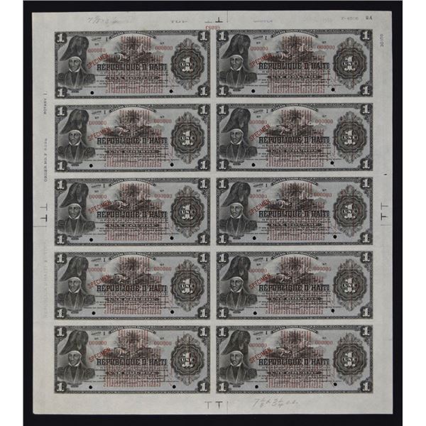 Haiti. Banque Nationale de la Republique d'Haiti, L.1919, Extremely Rare Uncut Sheet of 10 Banknotes