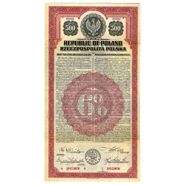 Poland. Republic of Poland, 1920, Specimen U.S. Dollar Gold Coupon Bond.