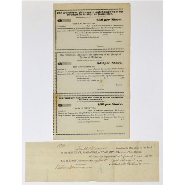 NJ. PA., Rancocus Toll-Bridge, 1793, I/U Stock Certificate & Early Bridge Stock Certificates, 1793 a