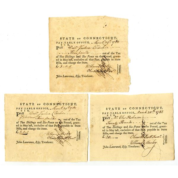 CT. Connecticut Pay-Table Office, 1782 Tax Pay Order Trio
