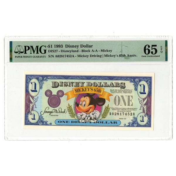 California & Florida. Disney Dollar, Series 1993, Issued Banknote.