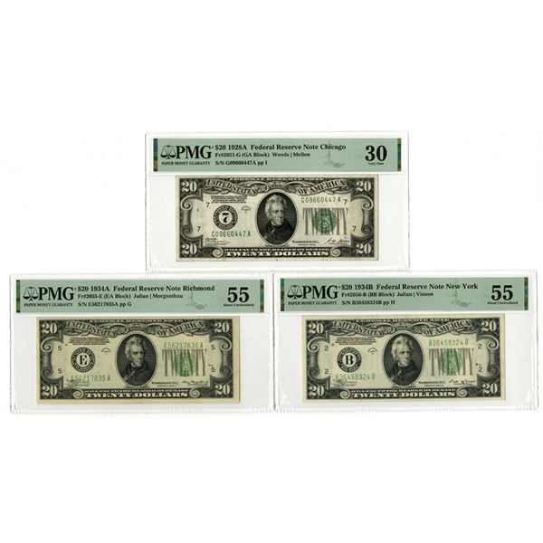 U.S., F.R.N., $20, Series of 1928A to Series of 1934B, Issued Banknote Trio.