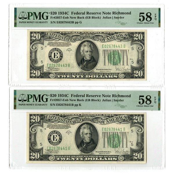 U.S., F.R.N., $20, Series of 1934C, Fr.# 2057Enb, Issued Banknote Pair.