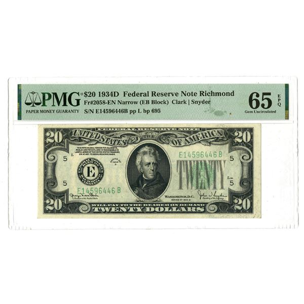 U.S., F.R.N., $20, Series of 1934D, Fr.# 2058EN, Issued Banknote.