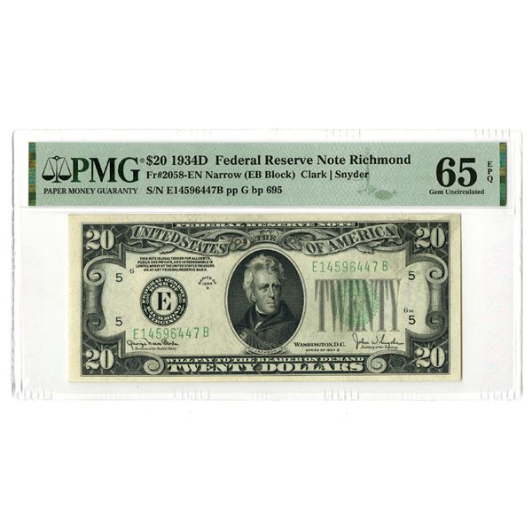 U.S., F.R.N., $20, Series of 1934D, Fr.# 2058EN, Issued Banknote.