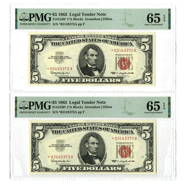 U. S., Legal Tender Note, $5, Series 1963, Fr.# 1536*, Sequential Pair of Issued Star Notes.