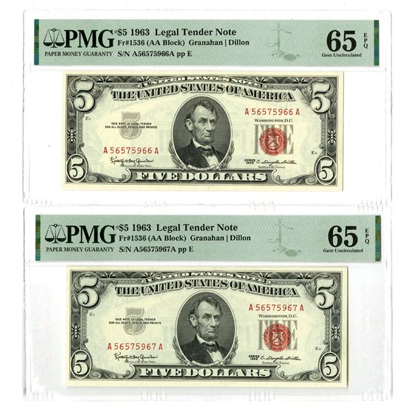 U. S., Legal Tender Note, $5, Series 1963, Fr.# 1536, Issued Sequential Pair of Banknotes.