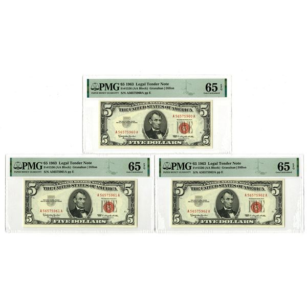 U. S., Legal Tender Note, $5, Series 1963, Fr.# 1536, Sequential Trio of Issued Banknotes.