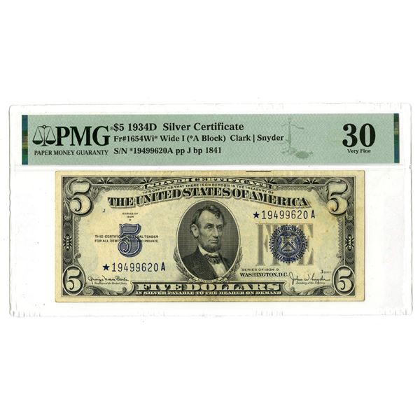 U.S., Silver Certificates, $5, Series of 1934D, Fr#1654Wi*, Issued Star Note.