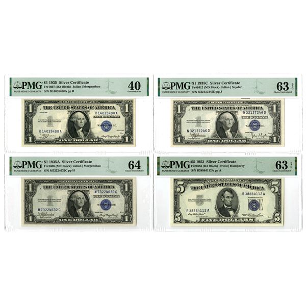 U.S., Silver Certificates, $1, Series 1935, 1935A, 1935C, and $5 Series 1953 Issued Banknote Quartet