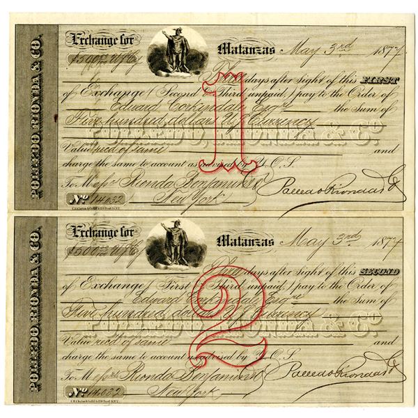 Cuba & NY. Polledo, Rionda & Co. 1877 Uncut First and Second Bill of Exchange Pair