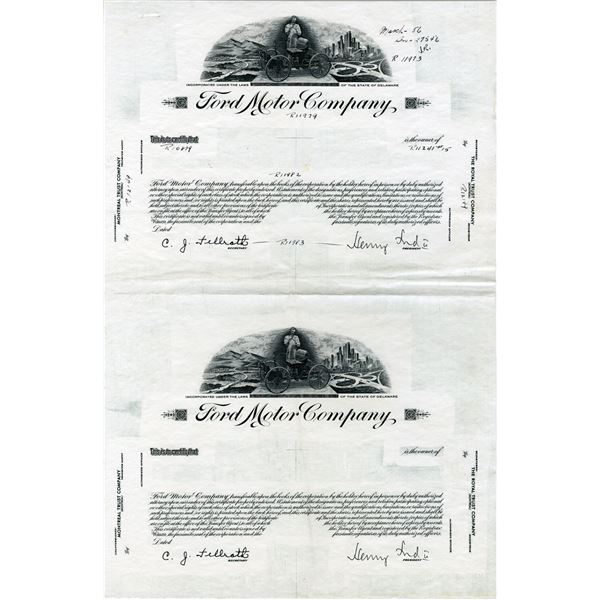 MI. Ford Motor Co. 1956, Progress Proof Uncut Vertical Stock Certificates Pair with Facsimile Signat