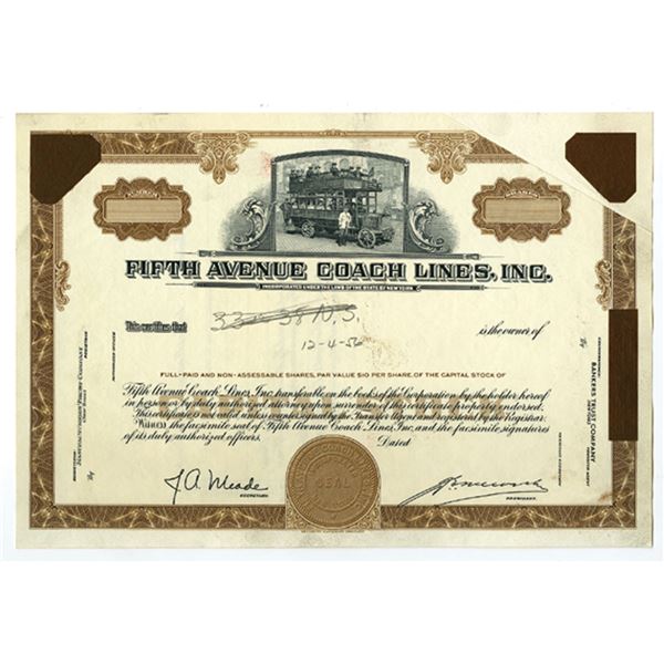 NY. Fifth Avenue Coach Lines, Inc., 1956, Proof Error Printing Stock Certificate.