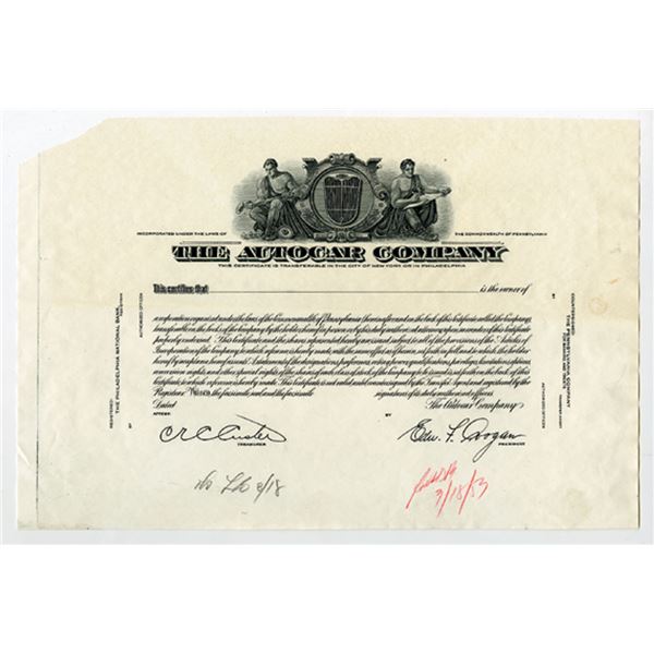 PA. . Autocar Co., 1953, Progress Proof Stock Certificate