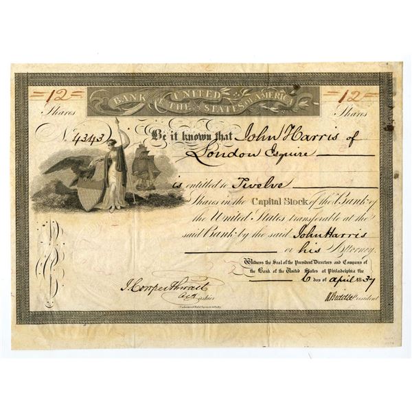 PA. Bank of the United States, 1837 I/U Stock Certificate signed by Nicholas Biddle.